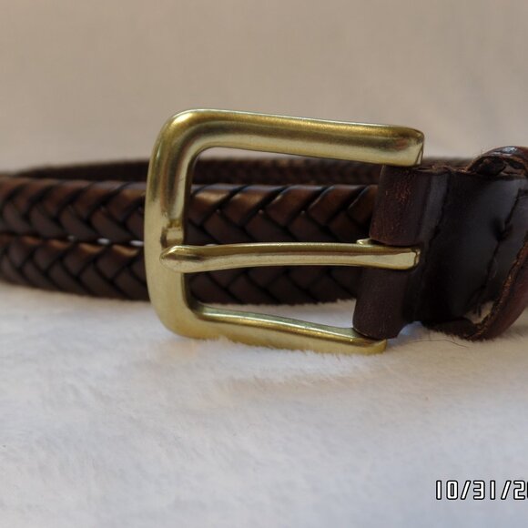 Men's Fossil Genuine Leather Braided Brown Belt Gold Hardware - Picture 2 of 9